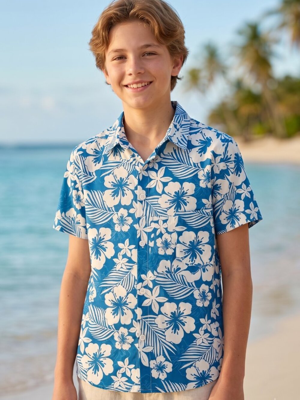 NWT Yimoon Kids Blue White Floral Hawaiian Tropical Short Sleeve Button Shirt 12